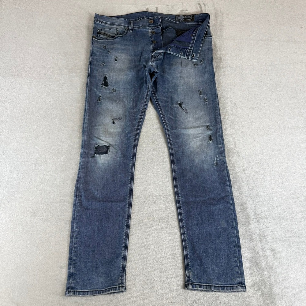 Diesel Tepphar Slim Carrot Jeans Mens 34x30 Blue Stretch Distressed Button Fly